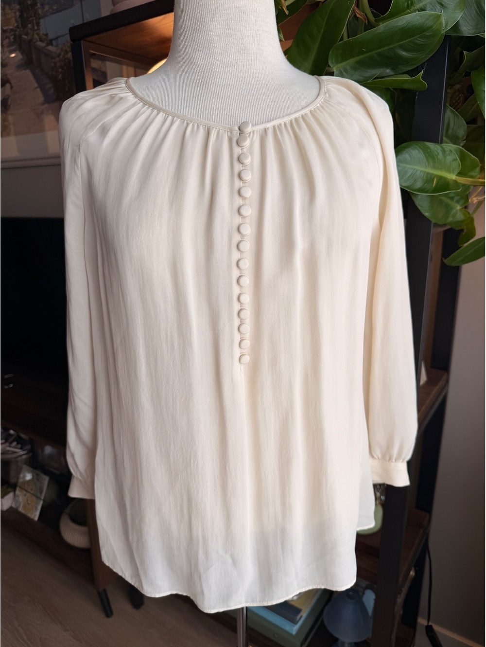 J.Crew 100% Silk Cream Blouse with Covered Button Front, Size 6